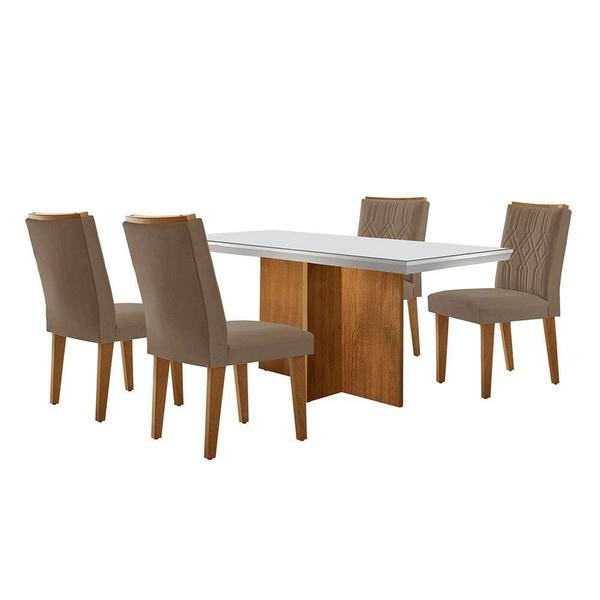 Imagem de Conjunto de Mesa de Jantar Retangular com Tampo de Vidro Off White Berlim e 4 Cadeiras Alegra Veludo Capuccino e Imbuia