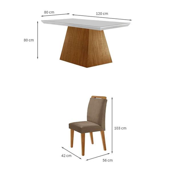 Imagem de Conjunto de Mesa de Jantar Retangular com Tampo de Vidro Off White Luna e 4 Cadeiras Athenas Veludo Capuccino e Imbuia