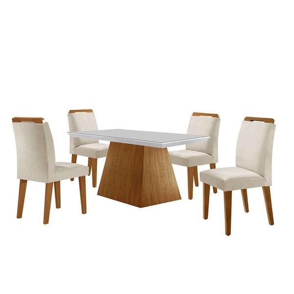 Imagem de Conjunto de Mesa de Jantar Retangular com Tampo de Vidro Off White Luna e 4 Cadeiras Athenas Veludo Creme e Imbuia