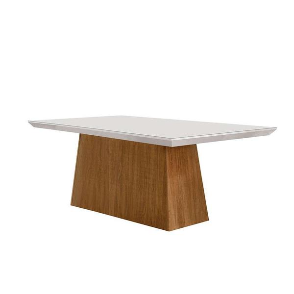 Imagem de Conjunto de Mesa de Jantar Retangular com Tampo de Vidro Off White Luna e 6 Cadeiras Italia Linho Bege e Imbuia