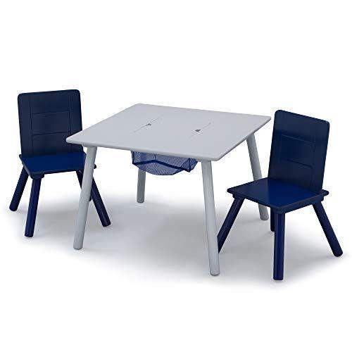 Imagem de Conjunto de mesa e cadeira infantil infantil Delta com armazenamento (2 cadeiras incluídas) - Ideal para artes e artesanato, hora do lanche, educação em casa, lição de casa e muito mais - Certificação Greenguard Gold, cinza/azul