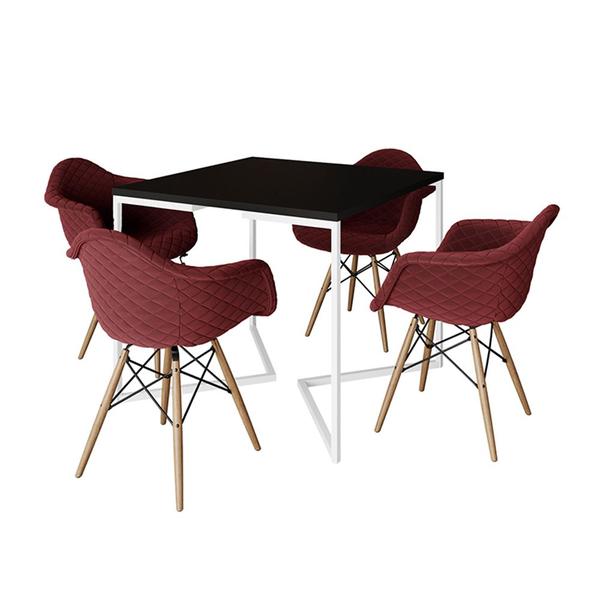 Imagem de Conjunto de Mesa Industrial Base Branca Tampo Quadrado 90cm Preto 4 Poltronas Estofadas Vermelho