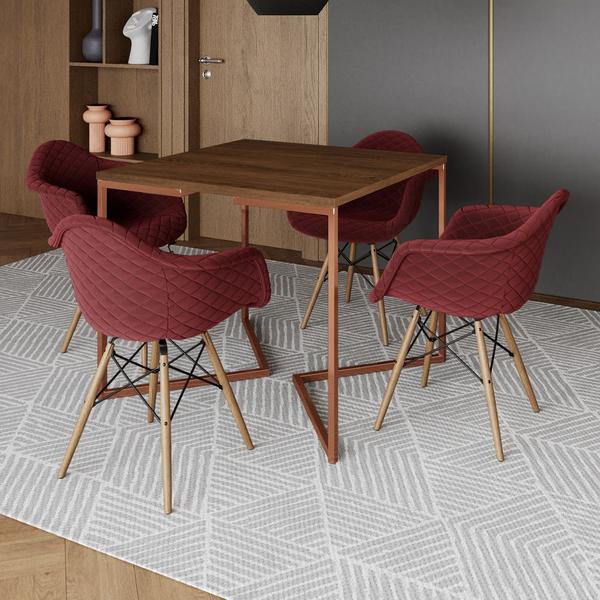 Imagem de Conjunto de Mesa Industrial Base Cobre Tampo Quadrado 90cm Amêndoa 4 Poltronas Estofadas Vermelho