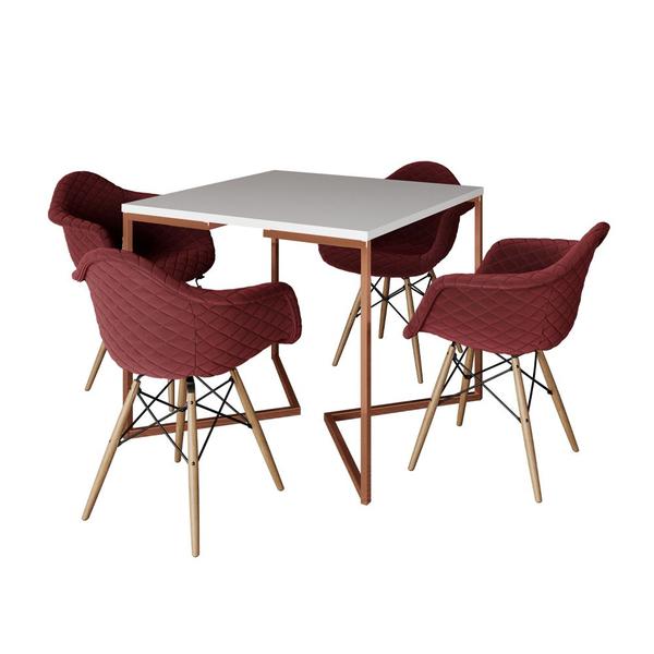 Imagem de Conjunto de Mesa Industrial Base Cobre Tampo Quadrado 90cm Branco 4 Poltronas Estofadas Vermelho