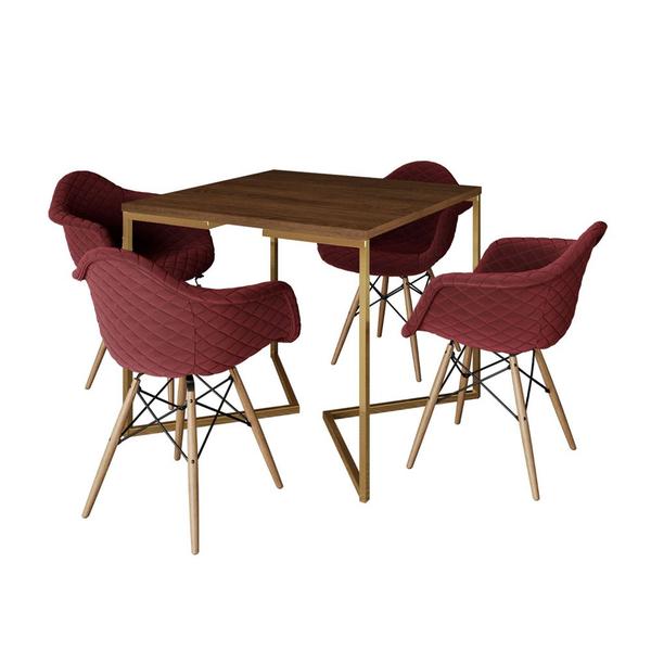 Imagem de Conjunto de Mesa Industrial Base Dourada Tampo Quadrado 90cm Amêndoa 4 Poltronas Estofadas Vermelho