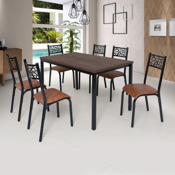 Imagem de Conjunto de mesa jade flex tampo bp amendoa 1,36m x 0,80m com 6 cadeiras tubo preto fosco - ciplafe