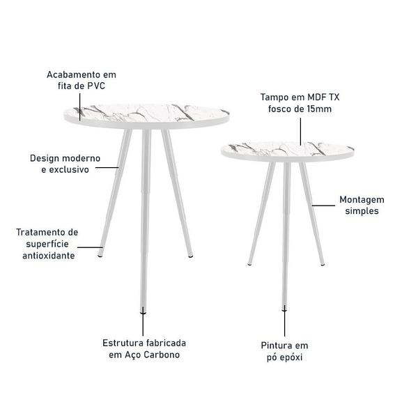 Imagem de Conjunto de Mesa Lateral Dupla Lévis Redonda Sala - Branco/Vulcano