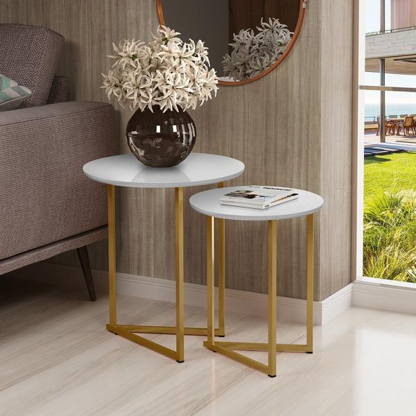 Imagem de Conjunto de Mesa Lateral Jade Sala Estar Pé de Aço Dourado