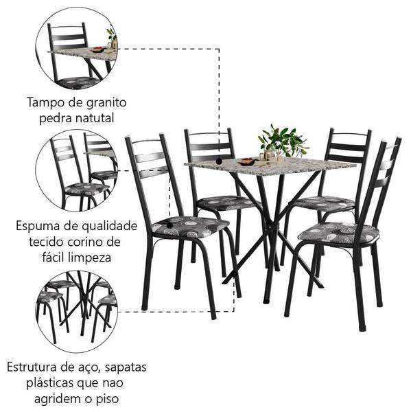 Imagem de Conjunto de Mesa Paula  0,70m com 4 Cadeiras Preto / Craquelado Artefamol Granito