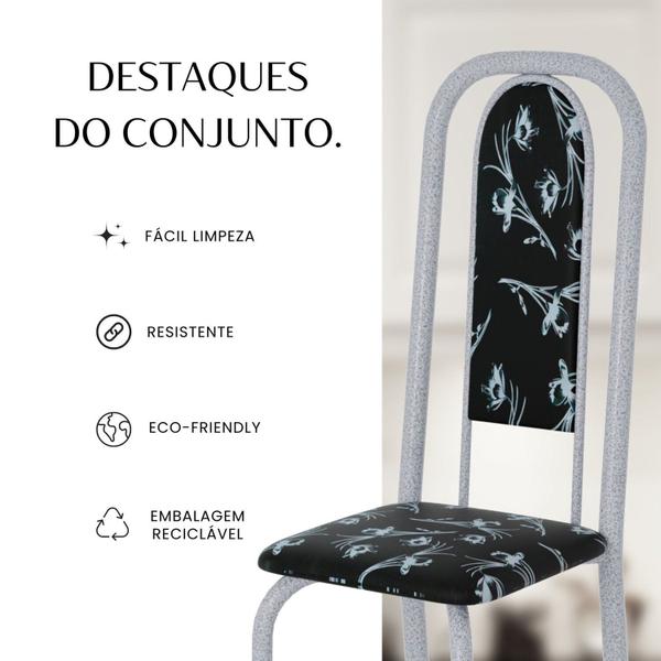 Imagem de Conjunto de Mesa Retangular 140x75cm Tampo Ardósia Indiano 6 Cadeiras Lavínea Preto Floral/ Mart Pérola