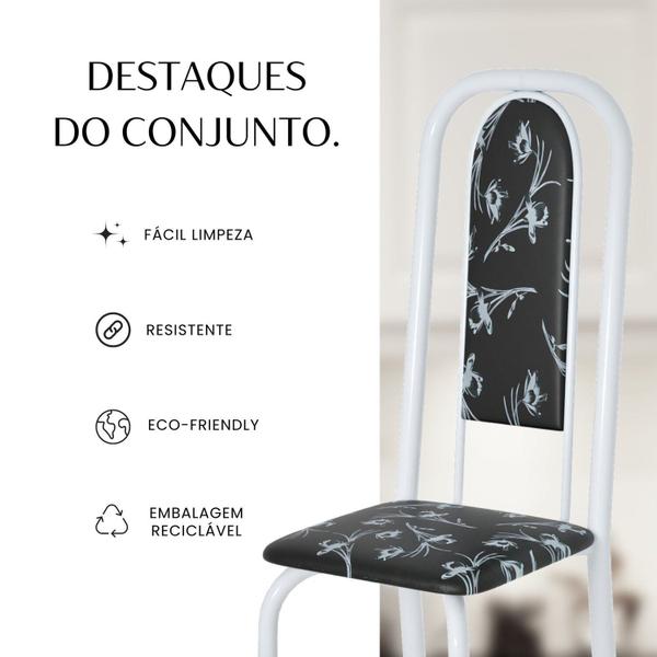 Imagem de Conjunto de Mesa Retangular 140x75cm Tampo de Vidro 6 Cadeiras Lavínea Preto Floral/ Branco