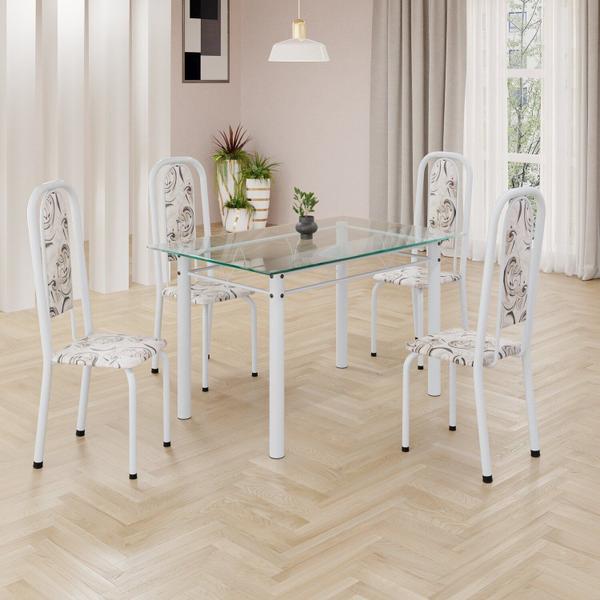 Imagem de Conjunto de Mesa Retangular a 120x75cm Tampo de Vidro 4 Cadeiras Lavínea Arabesco/ Branco