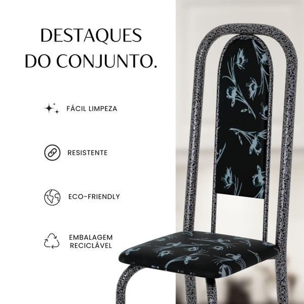 Imagem de Conjunto de Mesa Retangular a 140x75cm Tampo de Vidro 6 Cadeiras Lavínea Preto Floral/ Mart Prata