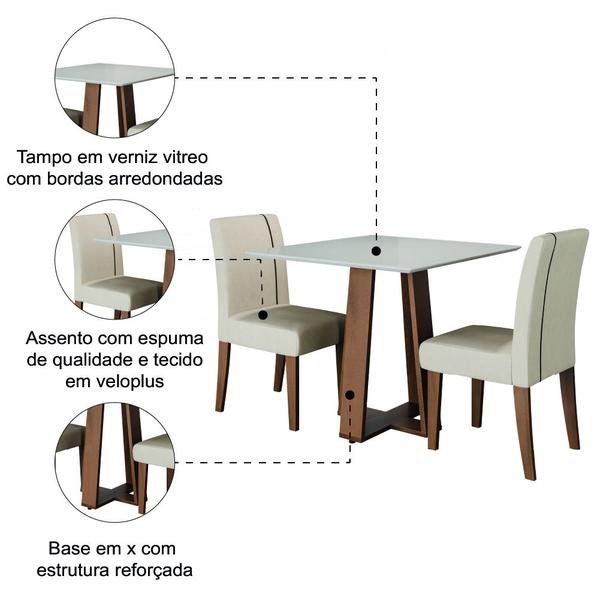 Imagem de Conjunto de Mesa Sala de Jantar Atenas com 2 Cadeiras Carvalho/Off White/Bege 0,90m Quadrada Dobuê