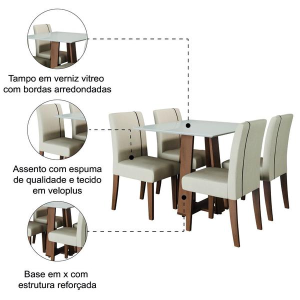 Imagem de Conjunto de Mesa Sala de Jantar Atenas com 4 Cadeiras Carvalho/Off White/Bege 0,90m Dobuê