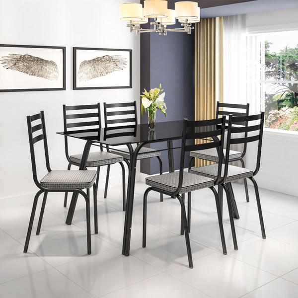 Imagem de Conjunto De Mesa Tubular Lotus Vidro SF Preto De 1,40m Com 6 Cadeiras 118 Platina Artefamol