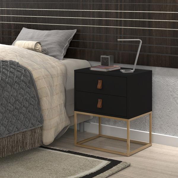 Imagem de Conjunto de Mesas de Cabeceiras Com 2 Gavetas Estilo Industrial Puxador Alça Couro Unic 45cm Lateral De Cama Casal