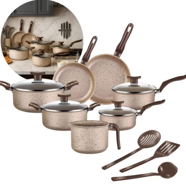 Conjunto De Panelas Antiaderente 10 Peças Coffee Cappuccino tampa de vidro - Panelas Imper...