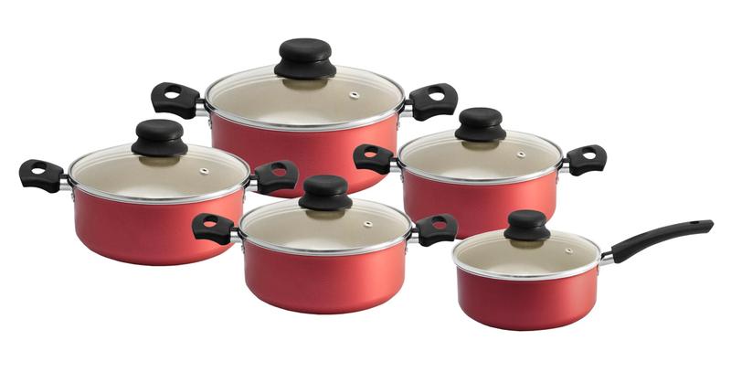Conjunto De Panelas e Caçarolas Cereja e Creme Teflon Antiaderente 5 Peças - ARNIX Conjunto De Panelas e Caçarolas Cereja e Creme Teflon Antiaderente 5 Peças - ARNIX