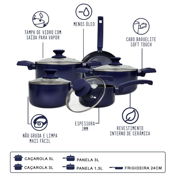 Imagem de Conjunto de Panelas em Cerâmica Antiaderente 3mm Azul