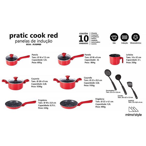 Imagem de Conjunto de Panelas Indução 10 pçs Pratic Cook Red 9554 - Mimo Style