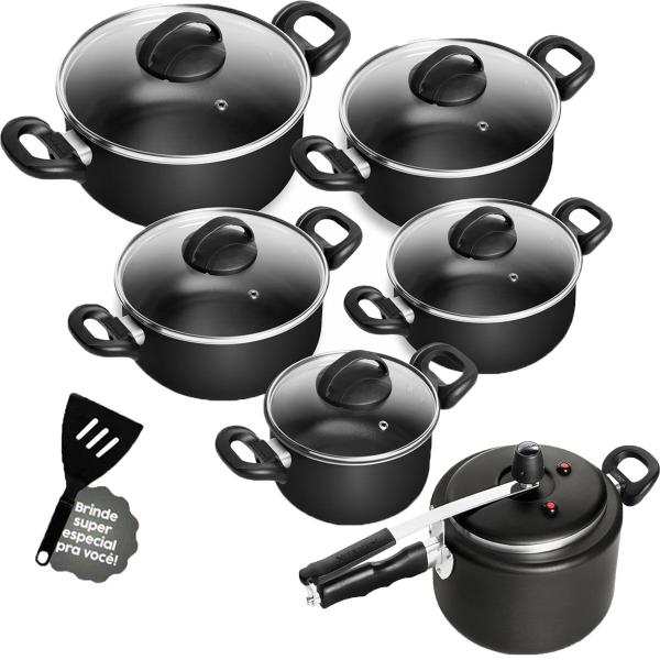 Conjunto De Panelas + Panela de Pressão Preto Antiaderente 6 Peças Patolux Imagem de Conjunto De Panelas + Panela de Pressão Preto Antiaderente 6 Peças Patolux