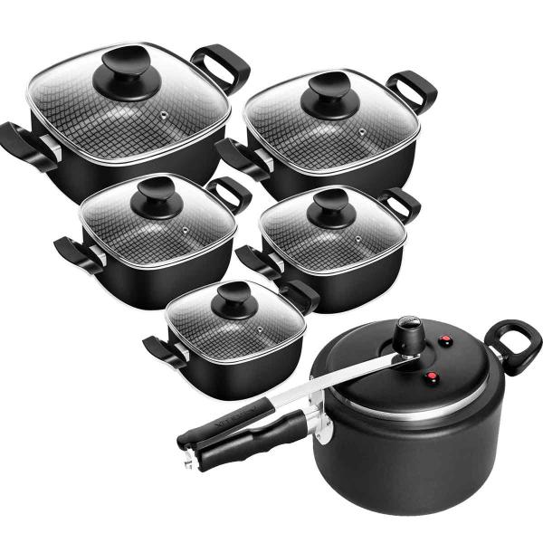 Conjunto De Panelas Quadradas + Panela de Pressão Preto Antiaderente 6 Peças Patolux Imagem de Conjunto De Panelas Quadradas + Panela de Pressão Preto Antiaderente 6 Peças Patolux