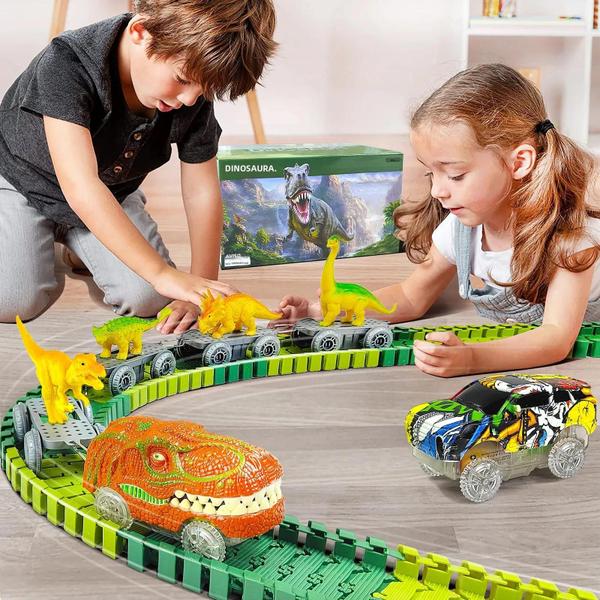 Imagem de Conjunto de Pista de Corrida Flexível com Dinossauros e Luzes - Brinquedo Educativo Infantil