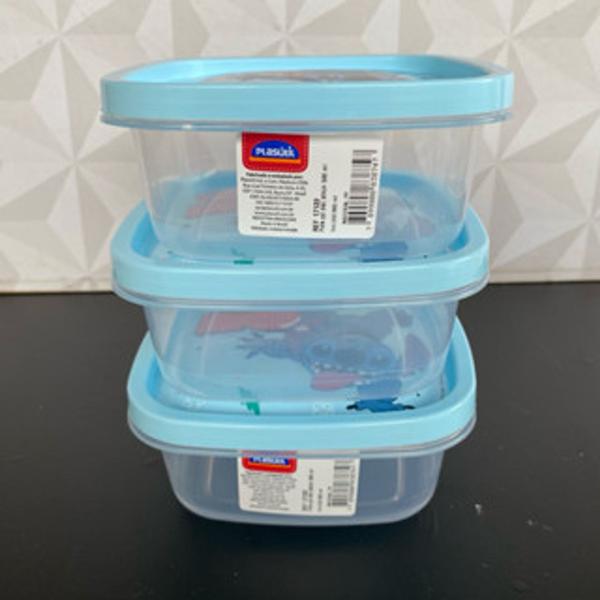 Imagem de Conjunto de pote de plástico Stitch azul com 3 peças 580ml quadrado plasútil para alimentos