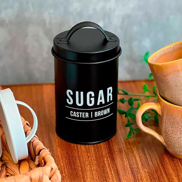 Imagem de Conjunto De Pote Lata Preto Açúcar Sugar Com Canecas Casal Café Da Manhã