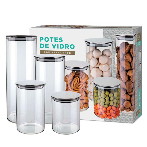 Imagem de Conjunto De Potes De Vidro Resistentes Slim Com Tampa Inox 4 Peças