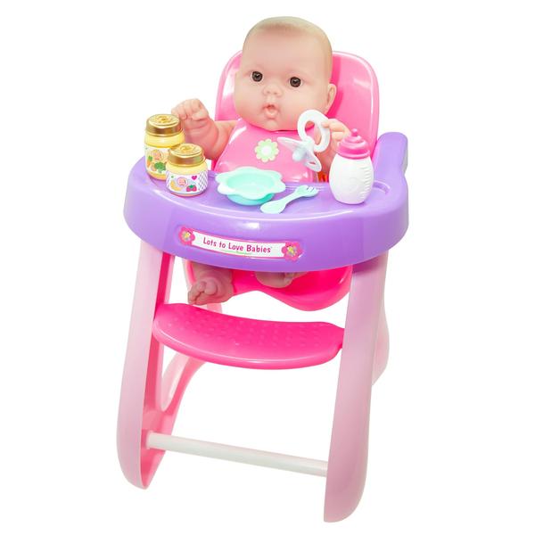 Imagem de Conjunto de presentes para alimentação de bonecas JC Toys 14 Lots to Love Babies com cadeira alta