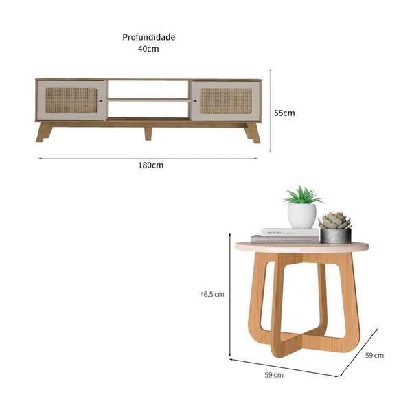 Imagem de Conjunto de Rack Charlotte 2 PT com Mesa de Centro Redonda Jasmin Off White e Carvalho