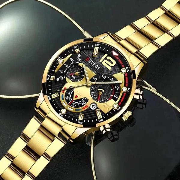 Imagem de Conjunto de Relógios de Quartzo Masculino Dourado - 3 Peças com Pulseira