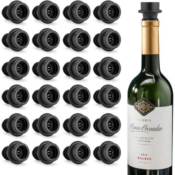 Imagem de Conjunto De Rolhas Protetoras De Vinho a Vácuo Pretas Com 24 Seladores De Garrafas Reutilizáveis