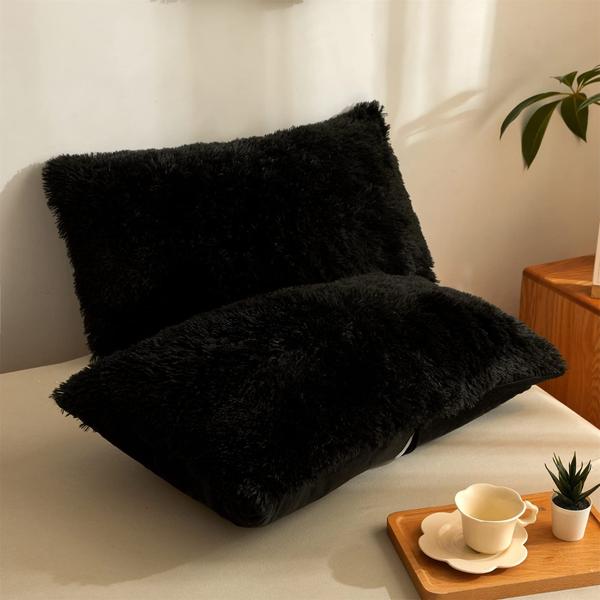 Imagem de Conjunto de roupa de cama Besfunny Fluffy Black Faux Fur Queen Size