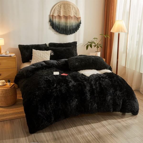 Imagem de Conjunto de roupa de cama Besfunny Fluffy Black Shaggy Plush Queen Size