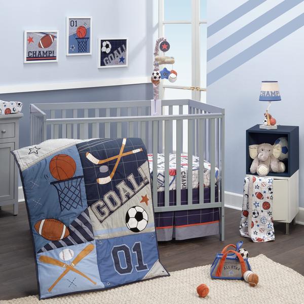 Imagem de Conjunto de roupa de cama de berço Lambs & Ivy Baby Sports de 3 peças de futebol/basquete