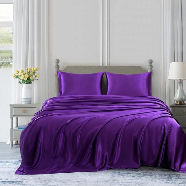 Imagem de Conjunto de Roupa de Cama de Cetim Homiest King Size - 4 Peças (Roxo)