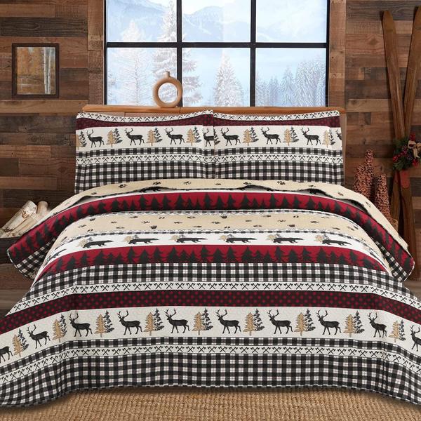 Imagem de Conjunto de roupa de cama de edredão CHESITY Rustic King Size preto e branco