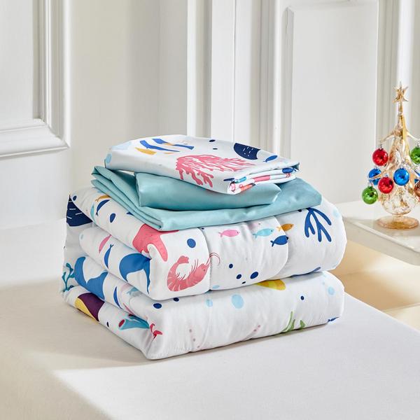 Imagem de Conjunto de roupa de cama infantil Joyreap Ocean Theme branco de 4 peças