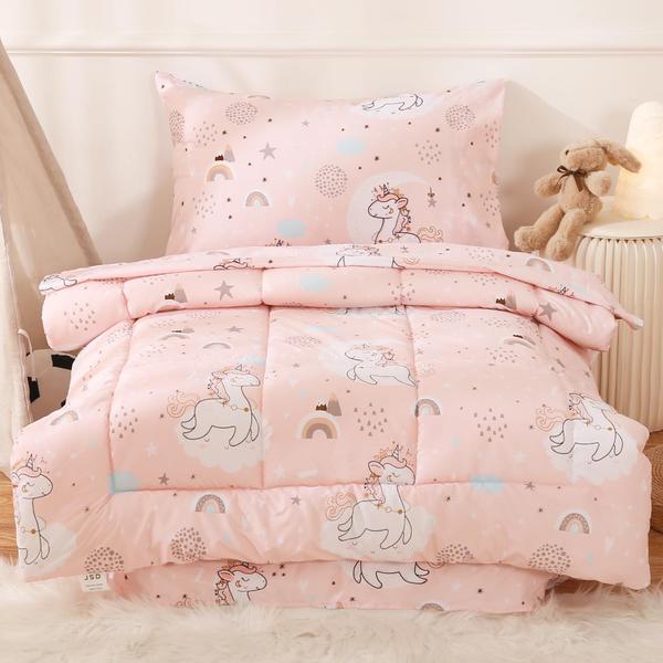 Imagem de Conjunto de roupa de cama infantil JSD Pink Unicorn de 4 peças Bed-in-a-bag