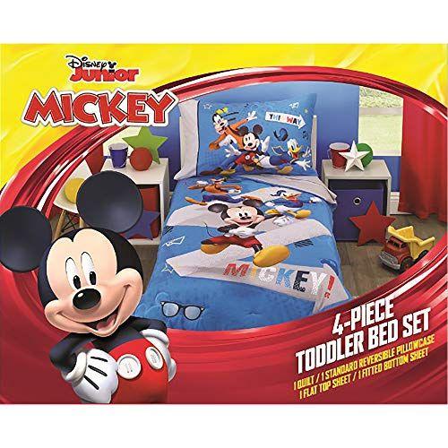 Imagem de Conjunto de roupa de cama infantil Mickey Mouse - Roupa de cama Disney Mickey Mouse and Pals de 4 peças inclui lençol com elástico, fronha, lençol de cima e edredom - azul