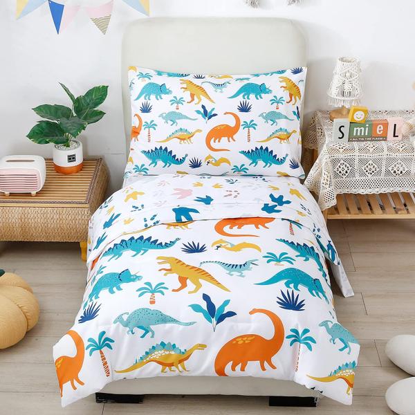 Imagem de Conjunto de roupa de cama infantil PERFEMET Cartoon Dinosaur Print 4 peças