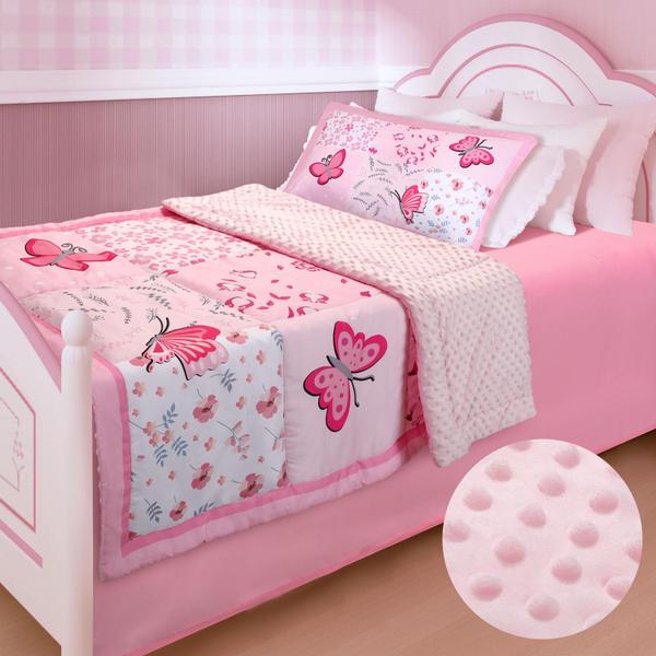 Imagem de Conjunto de roupa de cama infantil Peryiter Butterfly para meninas, 4 peças rosa