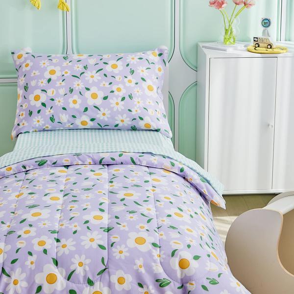 Imagem de Conjunto de roupa de cama infantil UOZZI BEDDING branco com floral roxo, 4 peças