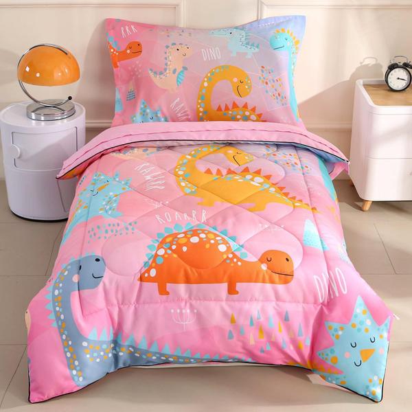 Imagem de Conjunto de roupa de cama infantil Wowelife Dinosaur para meninas de 4 peças