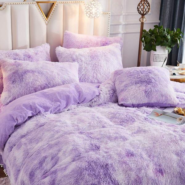 Imagem de Conjunto de roupa de cama JAUXIO Luxury Abstract Faux Fur Tie Dye Lilac Twin