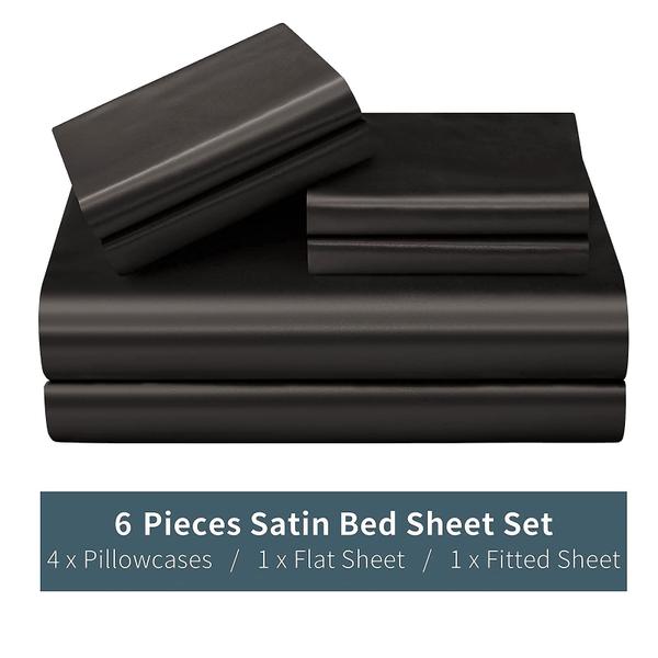 Imagem de Conjunto de roupa de cama P Pothuiny Satin Sheets King Size (6 peças, pretos)