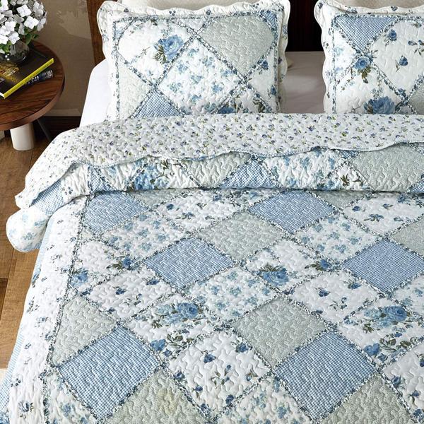 Imagem de Conjunto de roupa de cama VIVILINEN Blue Floral Patchwork Quilt Full Queen